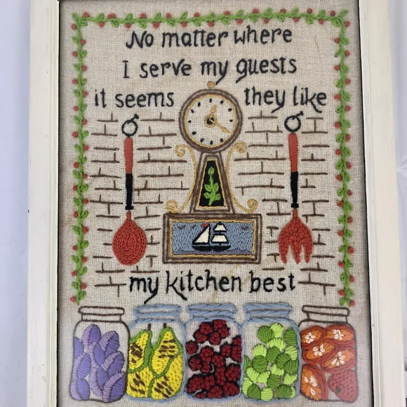 Vintage Framed Crewel Wall Art Kitchen Retro Cottage Farmhouse - Picture 6 of 10